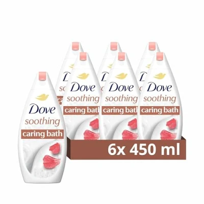Image of Dove Soothing Caring Bath Soak with ¼ moisturising Cream, Almond Cream &amp; Hibiscus for an Indulgent Bubble 6X 450 ml