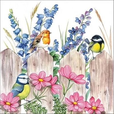 Image of 20 napkins, birds and flowers on the fence, animals, spring, summer, 33 x cm