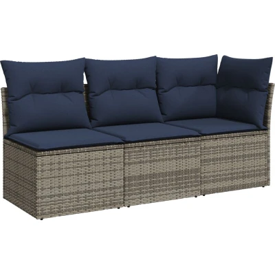 Image of vidaXL Garden Sofa with Cushions 3 Seater Grey Poly Rattan