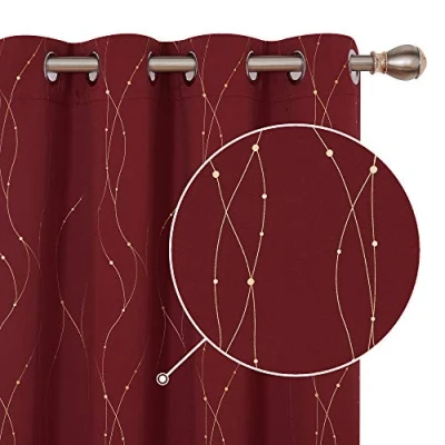 Image of Deconovo Decorative Gold Dotted Line Foil Printed Blackout Curtains Thermal Insulated Eyelet for Living Room 55 x 54 Inch(Width Length), Red 2 Panels