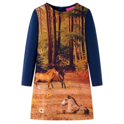 Image of vidaXL Kids&#039; Dress with Long Sleeves Navy Horse Print, Size 116 Soft Cotton &amp; Elastane Blend, Machine Washable, Round Neckline, Back Zipper