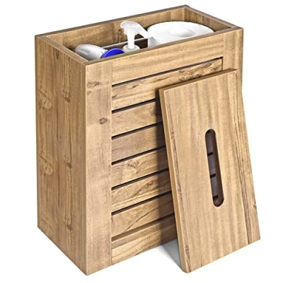 Image of Lantaly Slimline Wooden Bathroom Storage Unit, Toilet Roll Paper Cabinet, Compact Shaker Box, Multi Purpose Cleaning Tidy Brown
