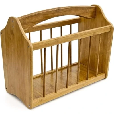 Image of Unibos Magazine &amp; Newspaper Rack Bamboo Wooden Storage Basket with Handle Brown Living Room Reading UK