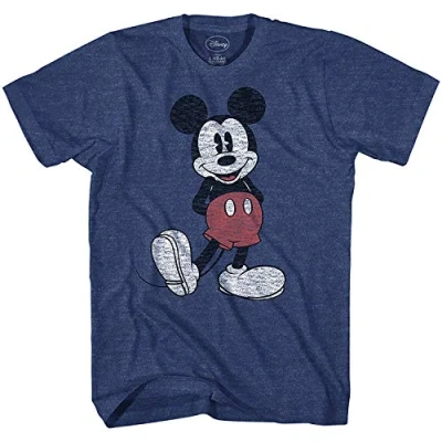 Image of Disney Men&#039;s Full Size Mickey Mouse Distressed Look T Shirt, Navy Heather, XXX Large