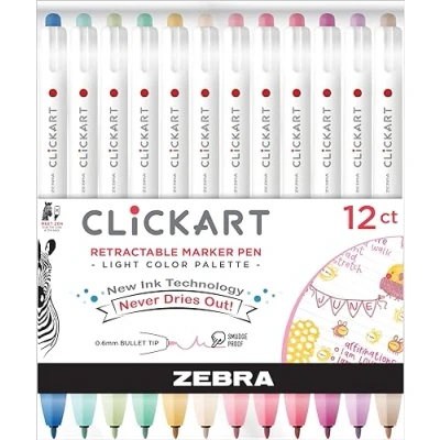 Image of Zebra Clickart Retractable Marker 0.6mm Light 12pk (69712)
