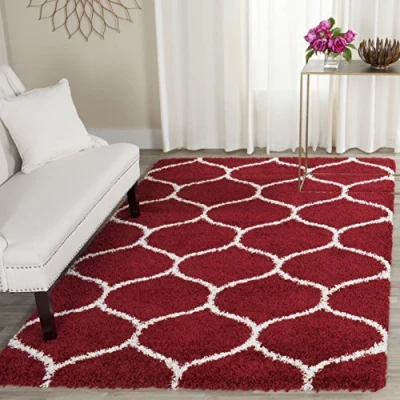 Image of SAFAVIEH Shaggy Rug for Living Room, Dining Bedroom Hudson Shag Collection, High Pile, in Red and Ivory, 122 X 183 cm