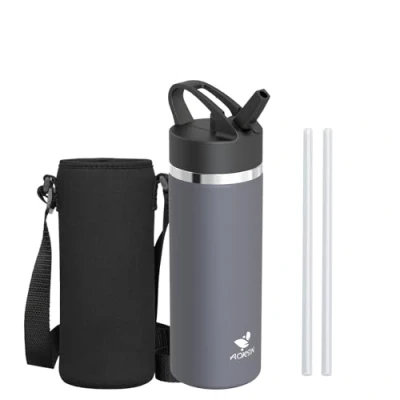 Image of AORIN Stainless Steel Water Bottle 500ml BPA Free &amp; Leakproof Insulated with Straw Portable Metal Drinking Vacuum Flasks for Fitness, Gym, Travel, Sport