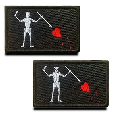 Image of Zcketo 2 Pieces Black Beard Pirate Red Heart Military Embroidered Applique Hook &amp; Loop Flag Emblem Patch for Attach to Clothes Jackets Jean Hat Vest Dogs Harness Collect(BBP)