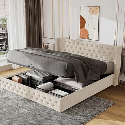 Image of ModernLuxe Upholstered Bed with Hydraulic Lever,Lift Up Double Frame,Functional Storage (150 x 200 cm,Mattress not included) Velvet Beige
