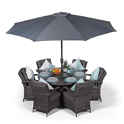 Image of Arizona Luxury Rattan Dining Set Round 6 Seater Outdoor Poly Garden Table &amp; Chairs Patio Conservatory Wicker Furniture with Parasol Cover (Grey)
