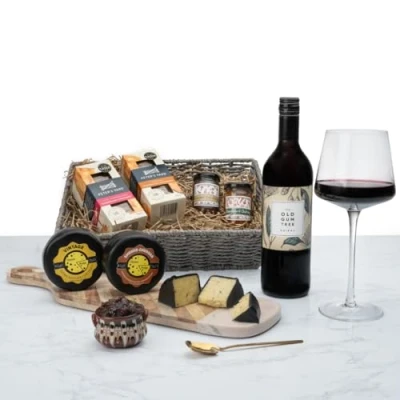 Image of Wine and Cheese Gift Set Hamper Basket, Red Shiraz, 2 Luxury Truckles, Chutneys &amp; Crackers