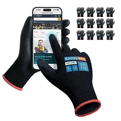 Image of KAYGO Work Gloves PU Coated 12 Pairs Touchscreen, KG11PBE, Safety Working with Secure Grip on Palm &amp; Fingers, for Men and Women, Ideal General Duty Work, Gardening (Small, Black)