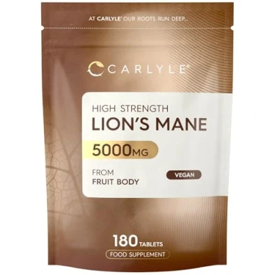 Image of Lions Mane Supplement High Strength 5000mg from Fruit Body 180 Vegan Tablets Mushroom Extract by Carlyle