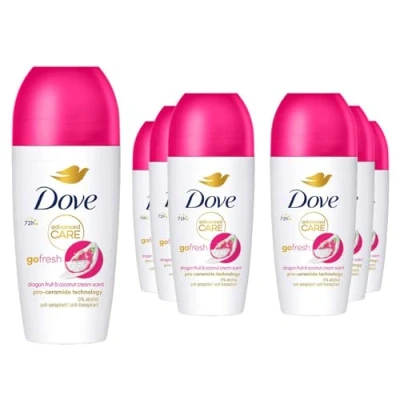 Image of Dove Advanced Care Go Fresh Dragon Fruit &amp; Coconut Cream Anti Perspirant Roll On Deodorant for women, with pro ceramide technology 72 hour sweat protection 6x 50 ml