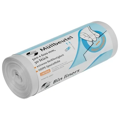 Image of DEISS UNIVERSAL PLUS 49907 Bin Bags with Printed Sleeve, 500 mm x 600 50 per roll, 30 L, Transparent