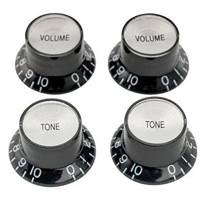 Image of Musiclily Pro Metric LP Guitar Reflector Knobs 2 Volume Tone Top Hat Bell Control Set for Epiphone Les Paul SG Electric Guitar, Black with Silver
