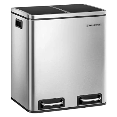 Image of SONGMICS Kitchen Bin, 2 x 15 L Steel Rubbish Step Bin with Inner Buckets and Handles, Soft Closure, Odour Seal, Black LTB30BK