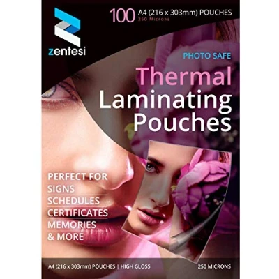 Image of Zentesi A4 Laminating Pouches High Gloss Laminator Sleeves 250 Micron (125 + 125 Microns) Glossy Laminate Pouch Sheets Pack of 100