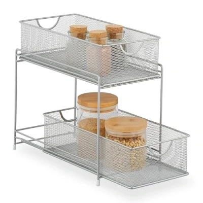 Image of Relaxdays Kitchen Cabinet Organiser, Pull out Base Unit Shelf, 2 Drawers, Metal Baskets, HWD: 32 x 19 35.5 cm, Silver, Steel