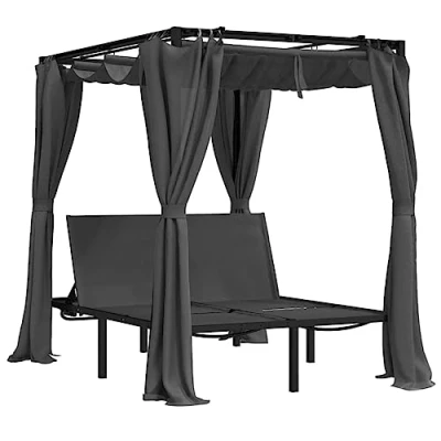 Image of vidaXL Double Sun Lounger with Side and Top Curtains Garden Reclining Chair Outdoor Chaise Lounge Bed Recliner Anthracite