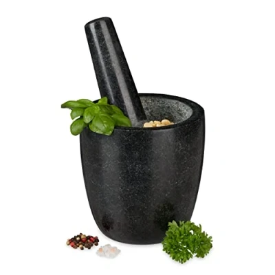 Image of Relaxdays 10029953 Pestle, Spices, Herbs, Polished Stone Mortar, Ø 13 cm, Vol. 500 ml, Granite, Black