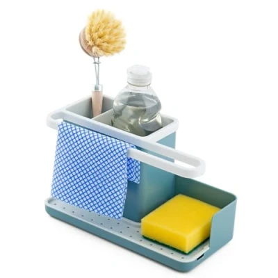 Image of simplywire Sink Tidy/Caddy Kitchen Organiser Removable Drip Tray Non Slip Teal Blue and White