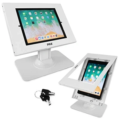 Image of Pyle Anti Theft Tablet Security Stand Table Mount Desktop iPad Kiosk w/Lock and Key Mechanism, 90 Rotate 75 Tilt iPad, Air, Pro, Samsung Galaxy Tab A (2022) PSPADLK18, White