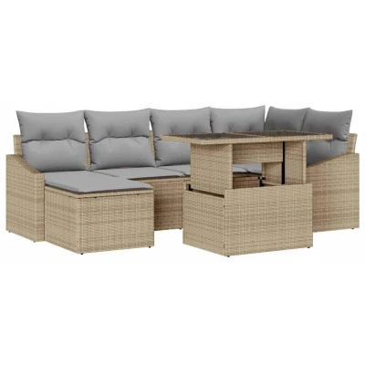 Image of vidaXL 7 Piece Garden Sofa Set with Cushions Beige Poly Rattan