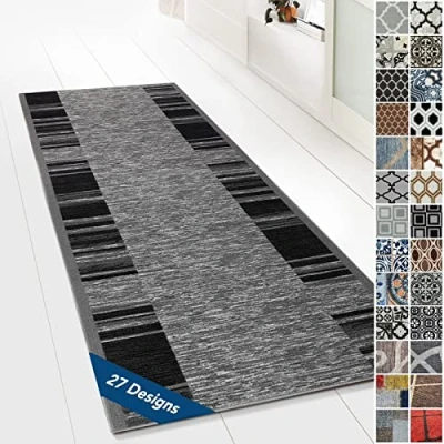 Image of Floordirekt Carpet Runner with Pattern Custom Made Fine Loop Rug for Kitchen, Hallway &amp; Living Room Ornamental Vintage Oriental Grid (80 x 100 cm, Navona)