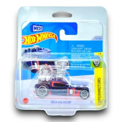 Image of Hot Wheels Brick and Motor LEGO Compatible CAR (Dark Blue, Red Silver) 1/5 Experimotors 2024 25/250 (Short Card) COMES IN A KLAS KEEPER SHORT CARD PROTECTOR CASE HTC55