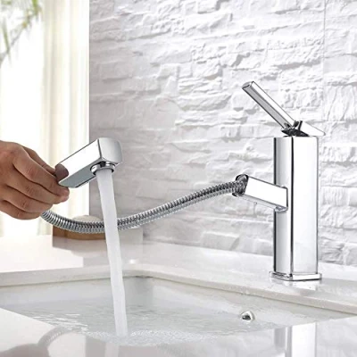 Image of KAIYING Bathroom Sink Faucet with Pull Out Sprayer, Single Handle Basin Mixer Tap for Hot and Cold Water, Lavatory Down Rotating Spout (Regular, Chrome)