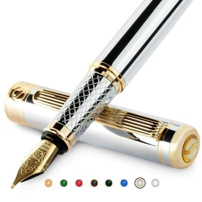Image of Scriveiner Silver Chrome Fountain Pen Stunning Luxury with 24K Gold Finish, Schmidt 18K Gilded Nib (Broad), Best Gift Set for Men &amp; Women, Professional, Executive Office, Nice Designer Pens