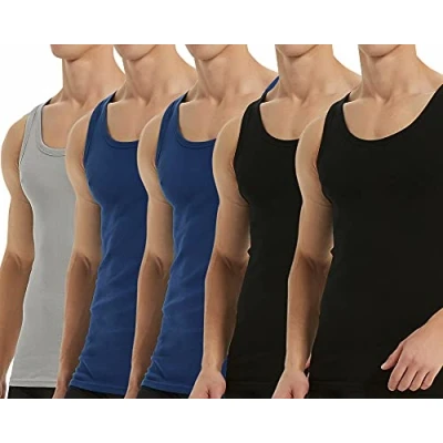 Image of Falechay Mens Vest Tops Muscle 5 Pack 100% Cotton Tank Slim Fit Plain Colored Undershirt Black Blue Grey 5XL