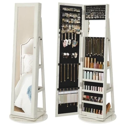 Image of SONGMICS Jewellery Organiser, Freestanding Cabinet with Full Length Mirror, 360 Swivel, Storage Shelf, Lockable Keys, for Bedroom, Gift Idea, White Greyish Wood Grain JBC62W