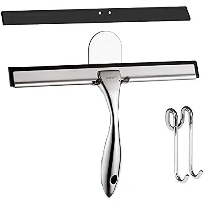 Image of Ibergrif M34101 Shower Squeegees, Silicone Window Squeegee, Cleaner for Window, Glass, Door, Car Windshield, Include Hooks, Suction Holders, Stainless Steel