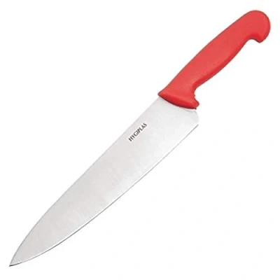 Image of Hygiplas Chefs Knife 25 cm/10 inch Blade, Red, Colour Coded Cooks Red for Raw Meats, Weight: 200 g, Length: 385 mm, Dishwasher Safe, Rockwell Hardness 52 57 degree , C886