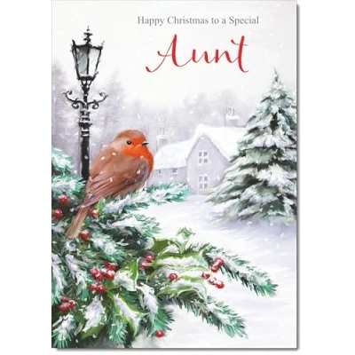Image of doodlecards Aunt Christmas Card Robin by Lamp Medium Size for with Plain Envelope