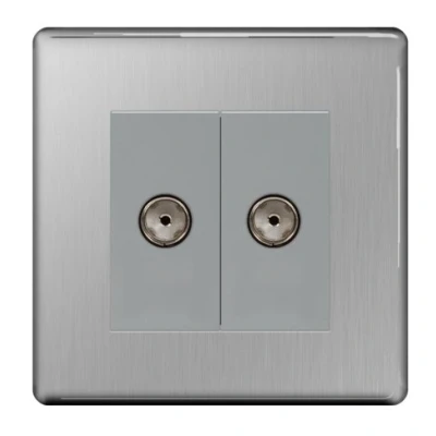 Image of BG Flatplate Screwless Co Axial Socket 2 Gang Brushed Steel