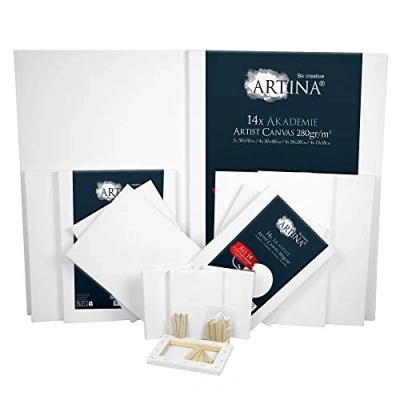 Image of Artina FSC Canvas Set 14pcs Akademie 50x70, 30x40, 24x30, 13x18 cm 100% Cotton Stretcher Frame 280 g/m² Blank Canvases for Art Acrylic, Watercolour &amp; Oil Painting