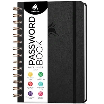 Image of Clever Fox Password Book Spiral Internet Address &amp; Organizer with Laminated Alphabetical Tabs Keeper Journal Hardcover, Medium Size, 15.5x19.6cm (Black)