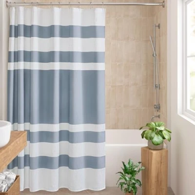 Image of Madison Park Shower Curtain Waffle Weave Striped Pieced Design Fabric with 3M Scotchgard Moisture Management Premium Spa Quality Modern Curtains for Bathroom Tall 72&quot;x84&quot; Blue