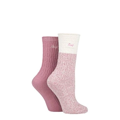 Image of Jeep Ladies Super Soft Cable Knit Boot Socks Pack of 2 Rose/Cream 4 8