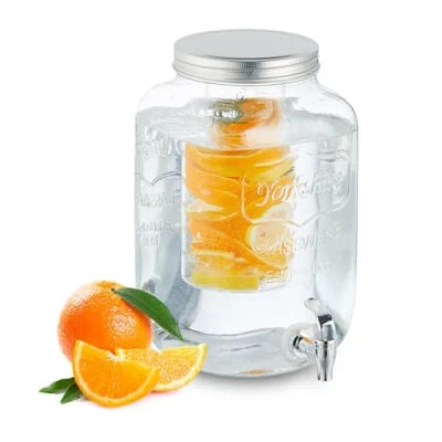 Image of Relaxdays Beverage Dispenser with Insert, Tap &amp; Lid, Glass, Lemonade Container, Water Reservoir, 8 Litre, Transparent, Iron, 29 x 21 18 cm