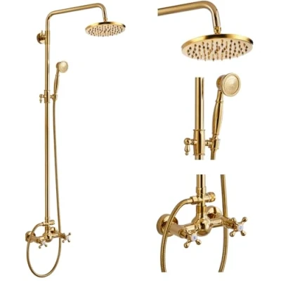 Image of gotonovo Shower Fixture 8 Inch Rainfall Head with Handheld Spray Polish Gold Dual Knobs Mixer Bathroom Combo Set Wall Mount