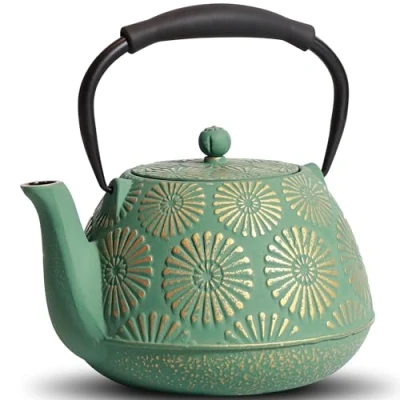 Image of MILVBUSISS Cast Iron Teapot, 1200ml Large Capacity Tea Kettle with Infuser for Stove Top, Sakura Design Japanese Pot Loose Leaf Coated Enameled Interior, Silicone Handle 40oz Green