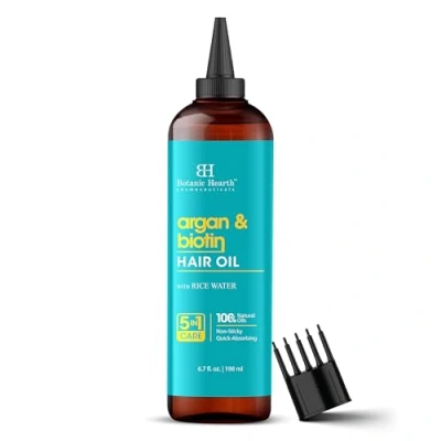 Image of Botanic Hearth Argan &amp; Biotin Hair Oil 6.7 fl oz Strengthening and Nourishing Treatment For Thicker, Fuller Looking Paraben Free All Types