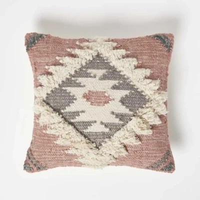 Image of HOMESCAPES Handwoven Tufted Kilim Cushion Pink &amp; Cream 100% Cotton Wool Traditional Authentic Design with Super Microfibre Insert 45 x cm