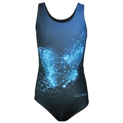 Image of Aquarti Girls&#039; One Piece Swimsuit with Open Back Print, Butterfly Blue/Black, 170