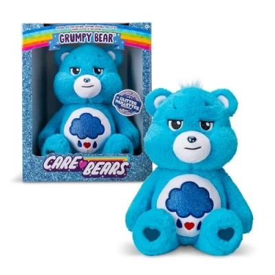 Image of Care Bears , Grumpy Bear 35cm Glitter Belly Plush Collectable Cute Toy, Cuddly Toys for Children, Soft Girls Boys, Teddies Suitable and Boys Ages 4+ Basic Fun 22132