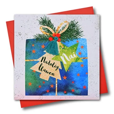 Image of Welsh Nephew Christmas Card, Nadolig Llawen Nai, Present, Tassel Embellished